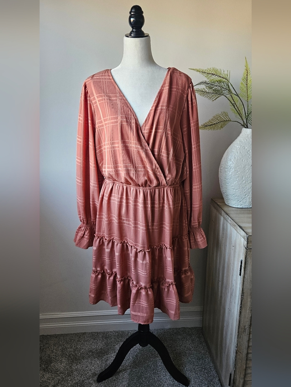 Inspired Hearts Mauve Pink Tiered Wrap Long-Sleeve Dress